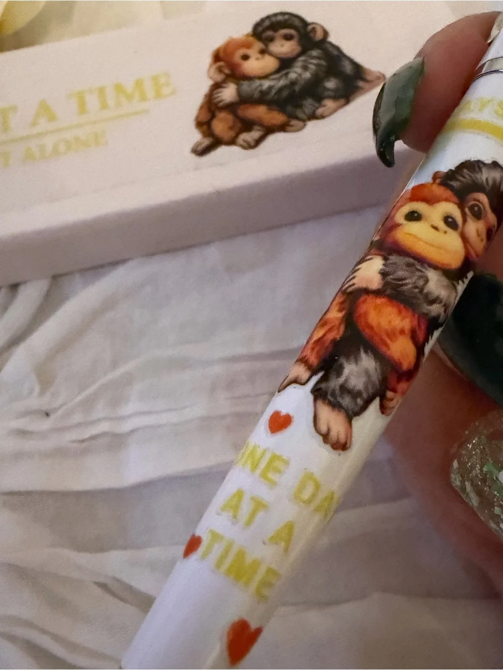 Cute Hugging Monkey Punch Ballpoint Pen White with Box With Phrase Motivational